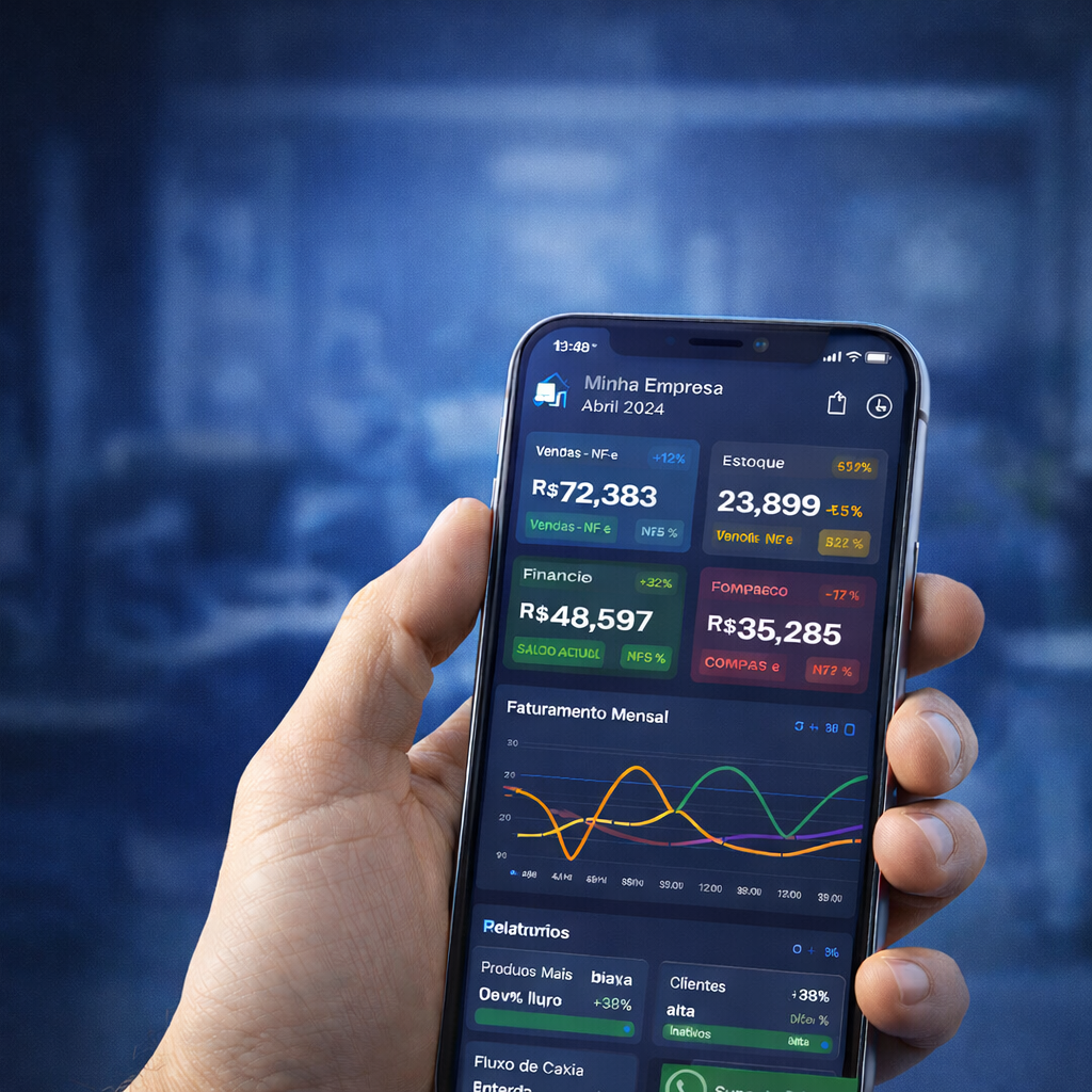 Pessoa segurando celular com dashboard de resultados
